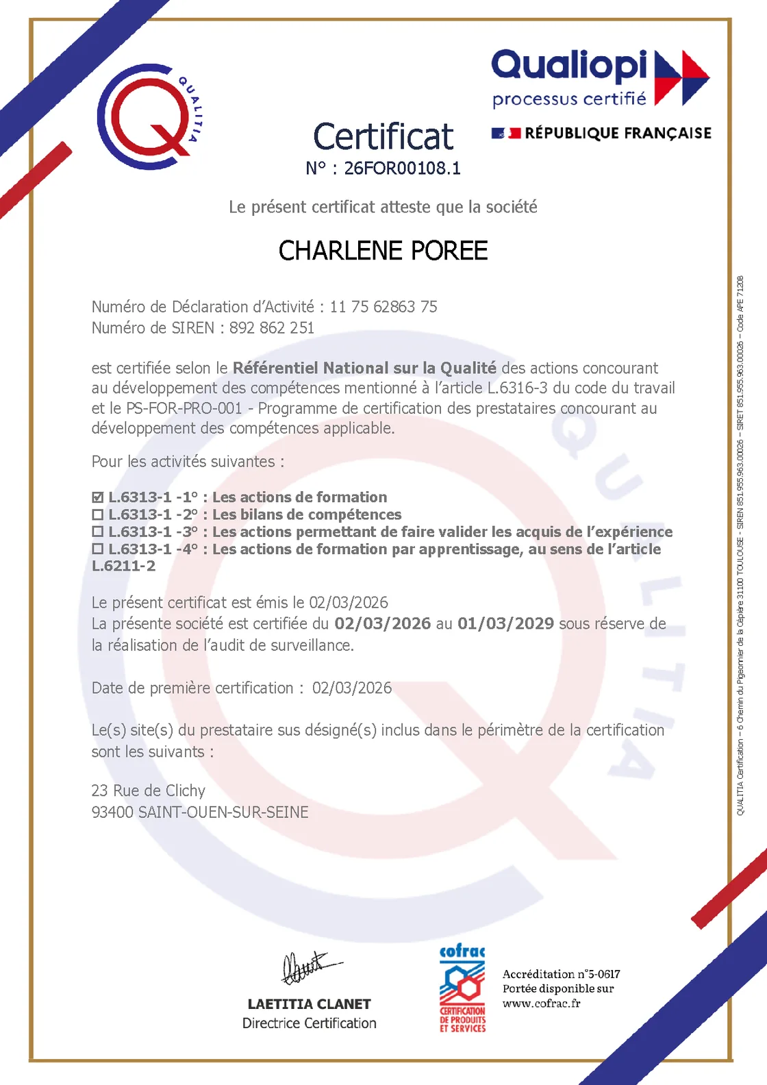 Certificat de conformité Qualiopi délivré à l’organisme de formation de Charlène Porée
